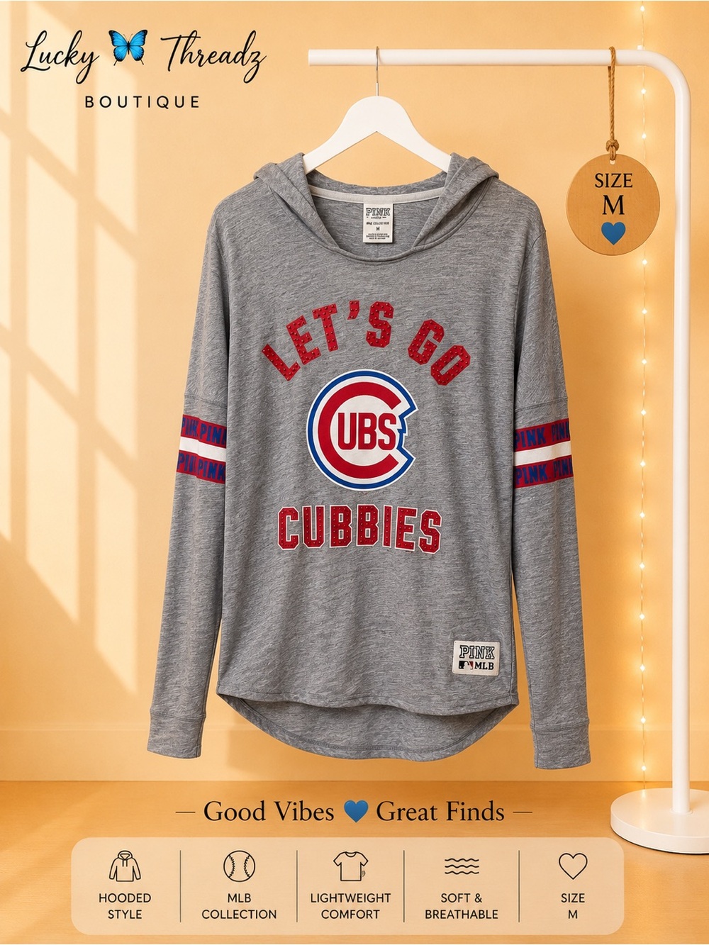 PINK Cubs MLB Collection Hoodie M Gray “Go Cubbies”